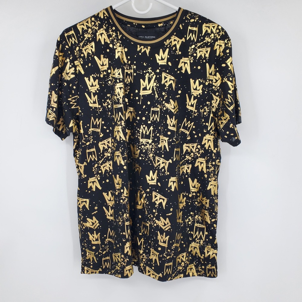 NWT Drill Clothing Co NYC Black Gold Crown Splatter Graphic T Shirt L Streetwear